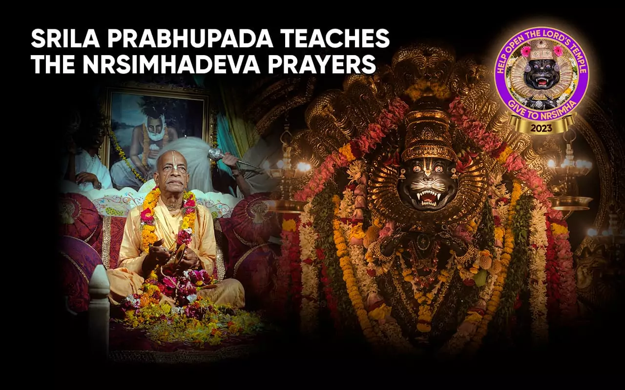 Srila Prabhupada lehrt seine ersten Schüler die Nrsimha-Gebete