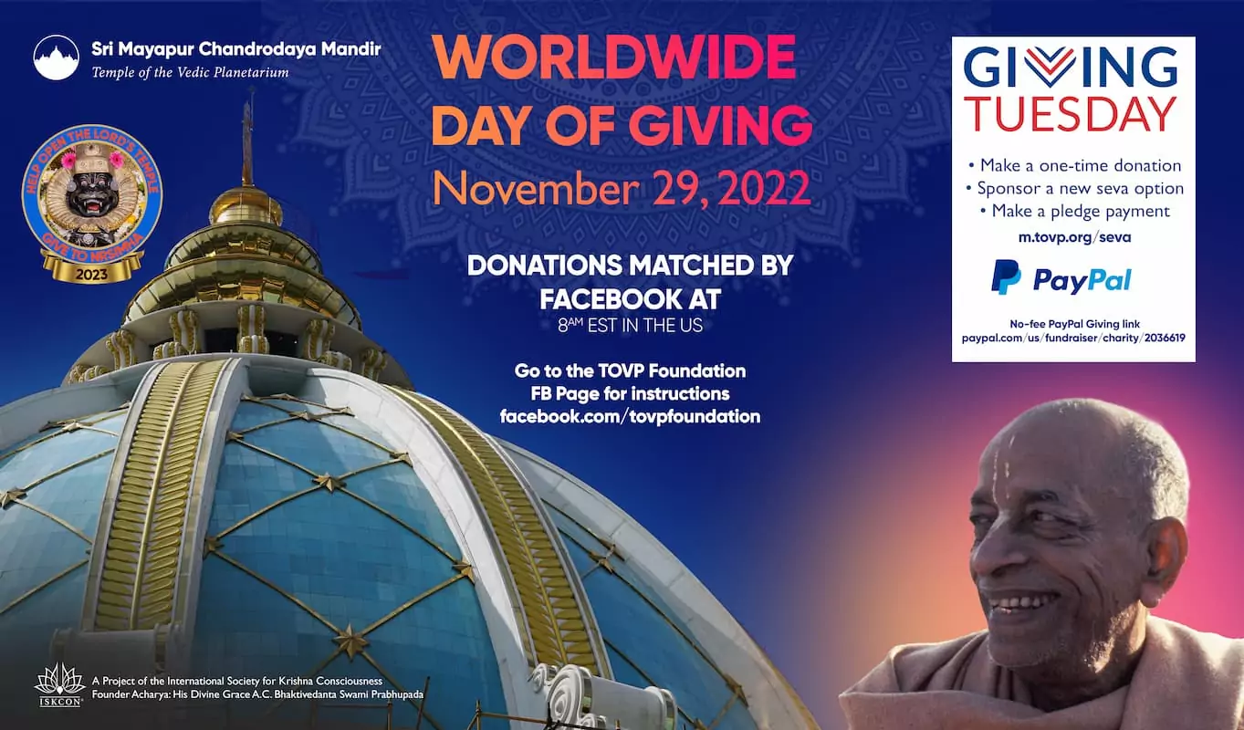 Ação de Graças e a campanha TOVP Giving Tuesday. Agradeça a Srila Prabhupada!
