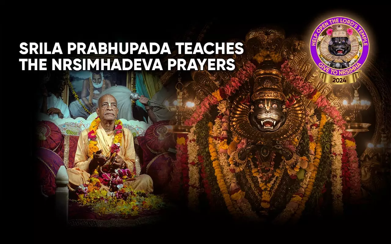 Шрила Прабхупада обучает своих первых учеников молитвам Нрисимха