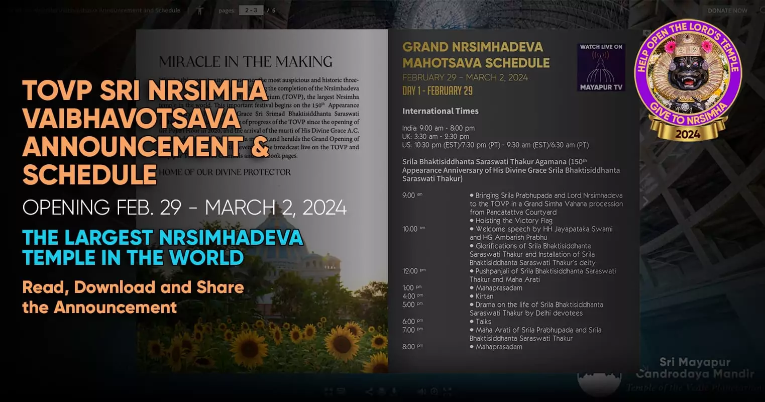 Anúncio e programação oficial do TOVP Sri Nrsimha Vaibhavotsava