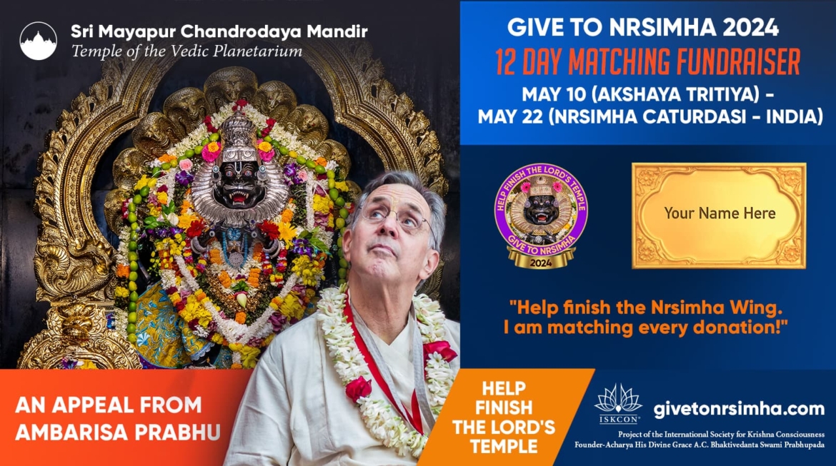 Apelo de Ambarisa Prabhu: TOVP doa para Nrsimha arrecadação de fundos correspondente em 12 dias, 10 a 22 de maio